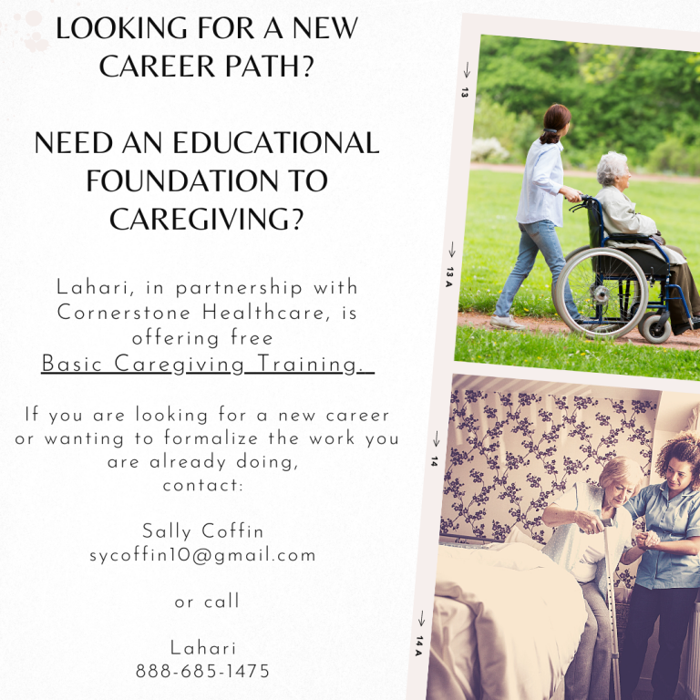 Free Basic Caregiving Class offered through Lahari facilitated by Cornerstone Healthcare